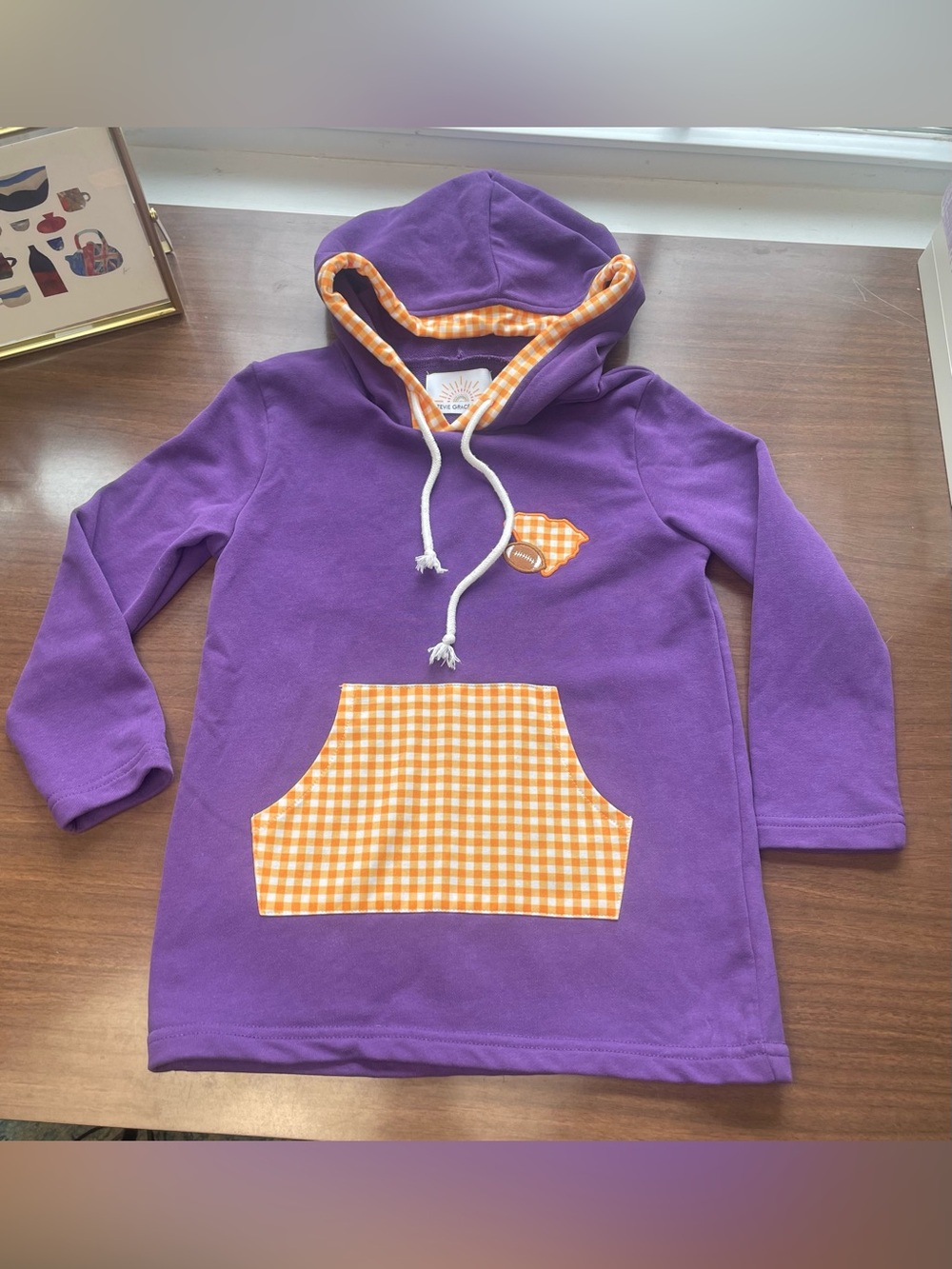 Stevie Grace & Co Girls' Purple Hooded Pullover with Orange Gingham Pocket